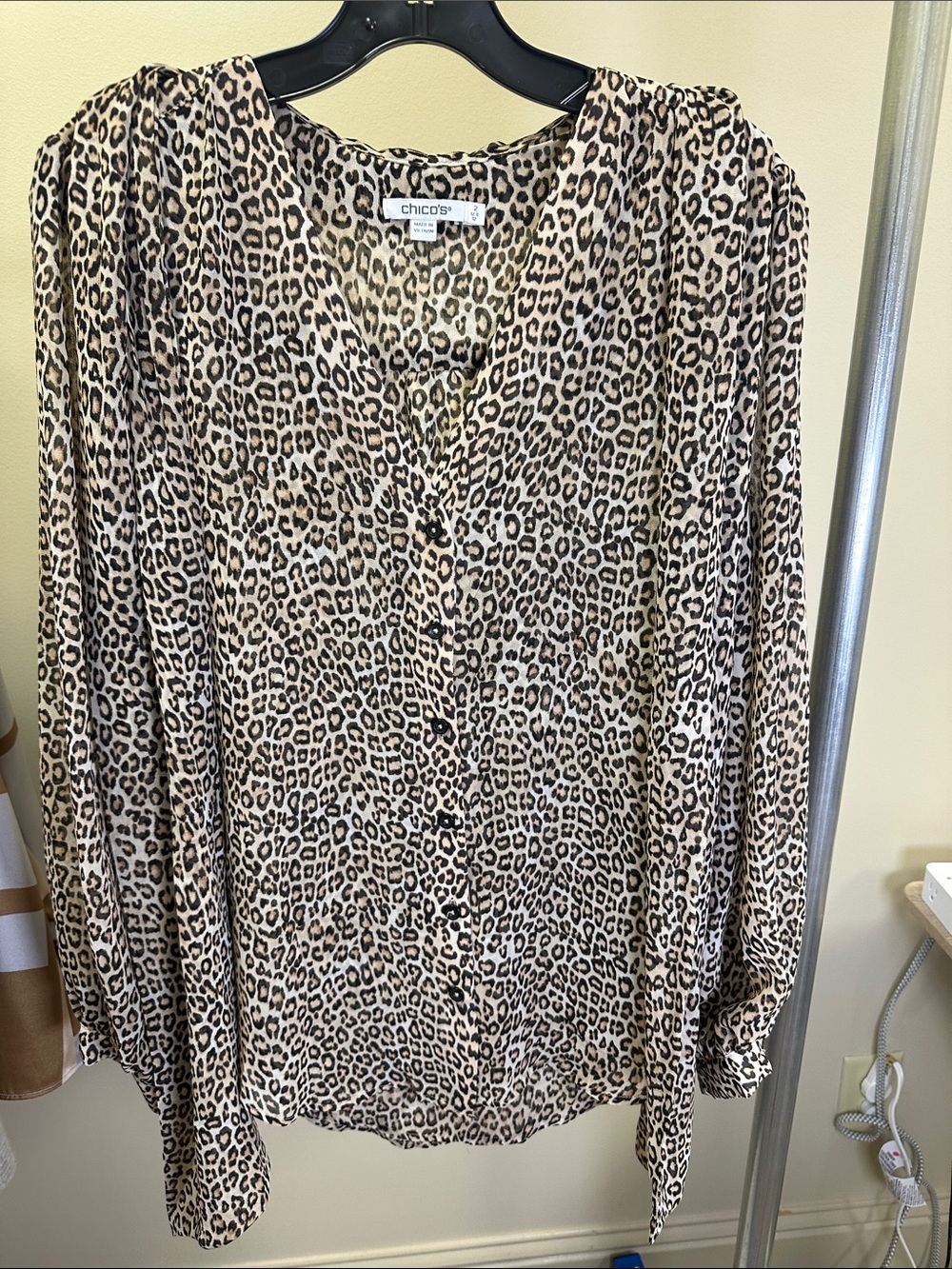 Chico's Beige and Black Leopard Print V-Neck Button Blouse